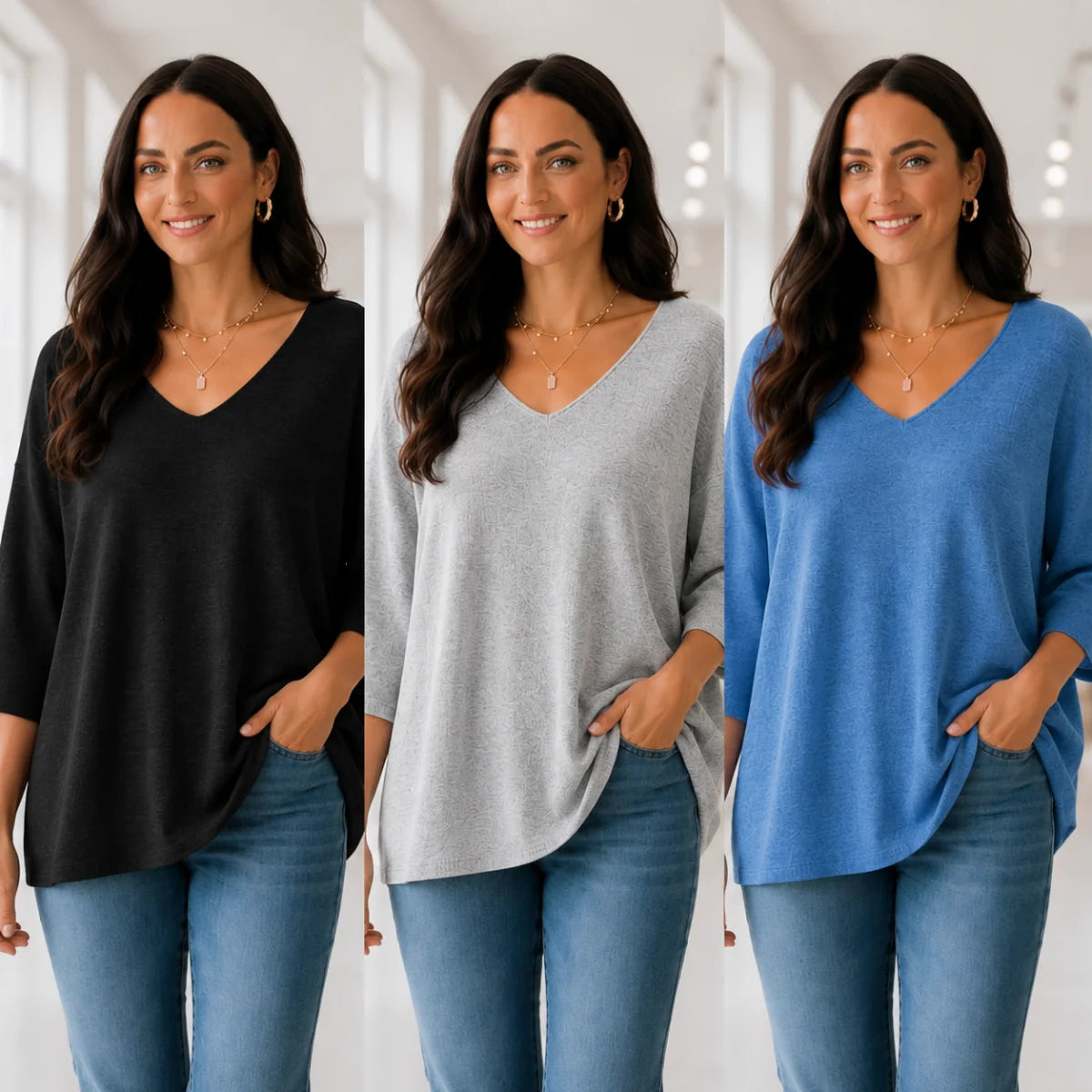 Kit 3 Blusas Femininas Luna em Malha Leve Decote V