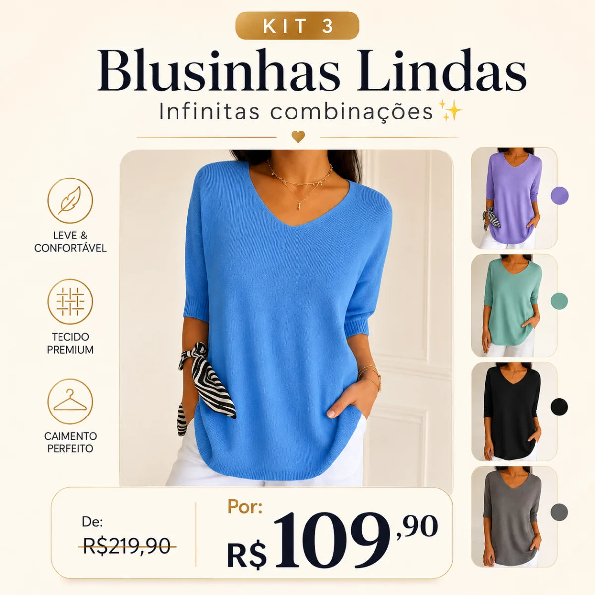 Kit 3 Blusas Femininas Luna em Malha Leve Decote V