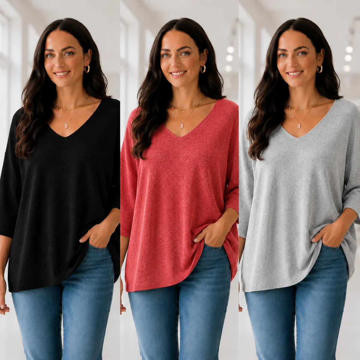 Kit 3 Blusas Femininas Luna em Malha Leve Decote V