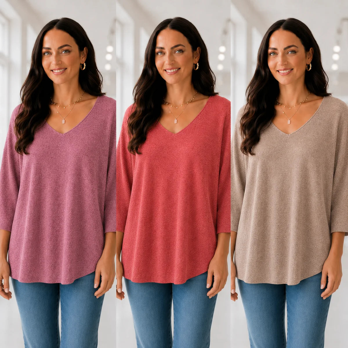 Kit 3 Blusas Femininas Luna em Malha Leve Decote V