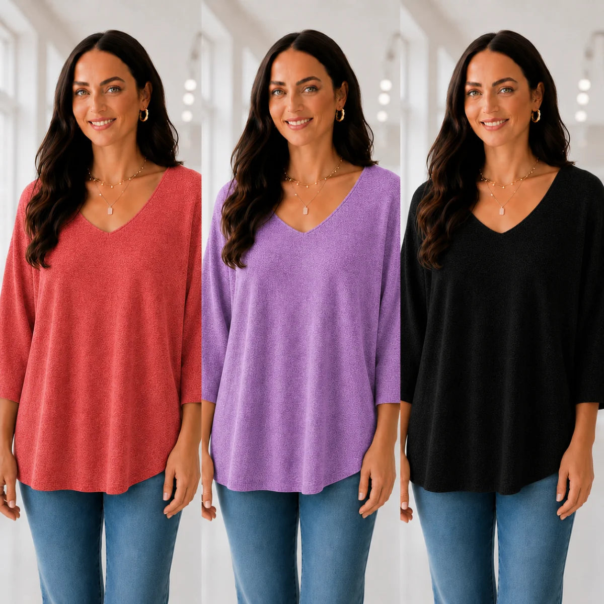 Kit 3 Blusas Femininas Luna em Malha Leve Decote V