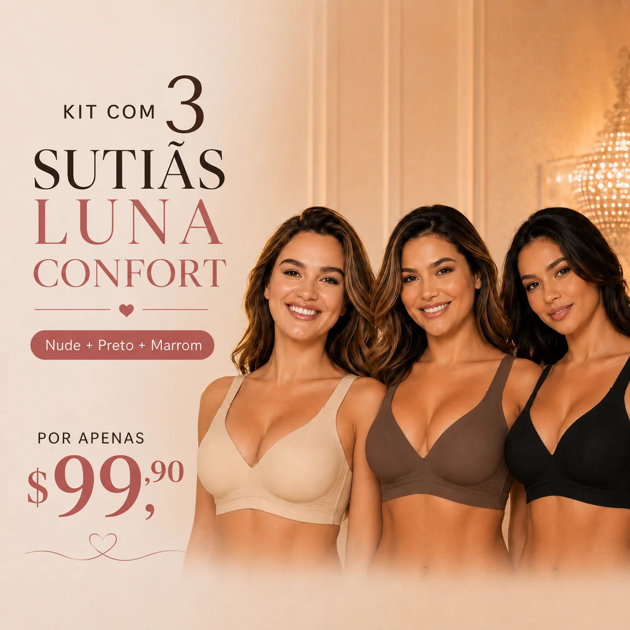 Kit 3 Sutiãs Luna Comfort™ - Sutiã com Efeito Invisível e Zero Marcas