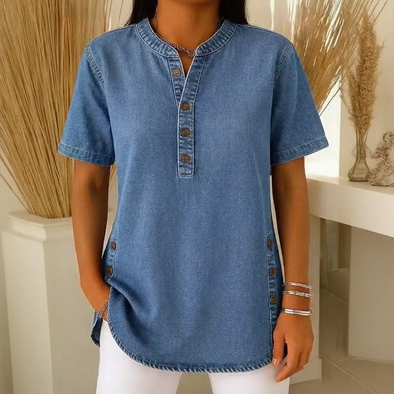 Blusa Jeans Calenny™ Com Acabamento Estonado e Caimento Soltinho